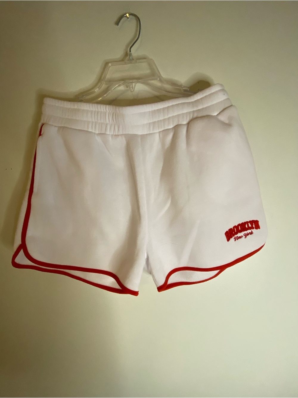 White Athletic Brooklyn NY Shorts with Red Trim — Women's Performance Shorts